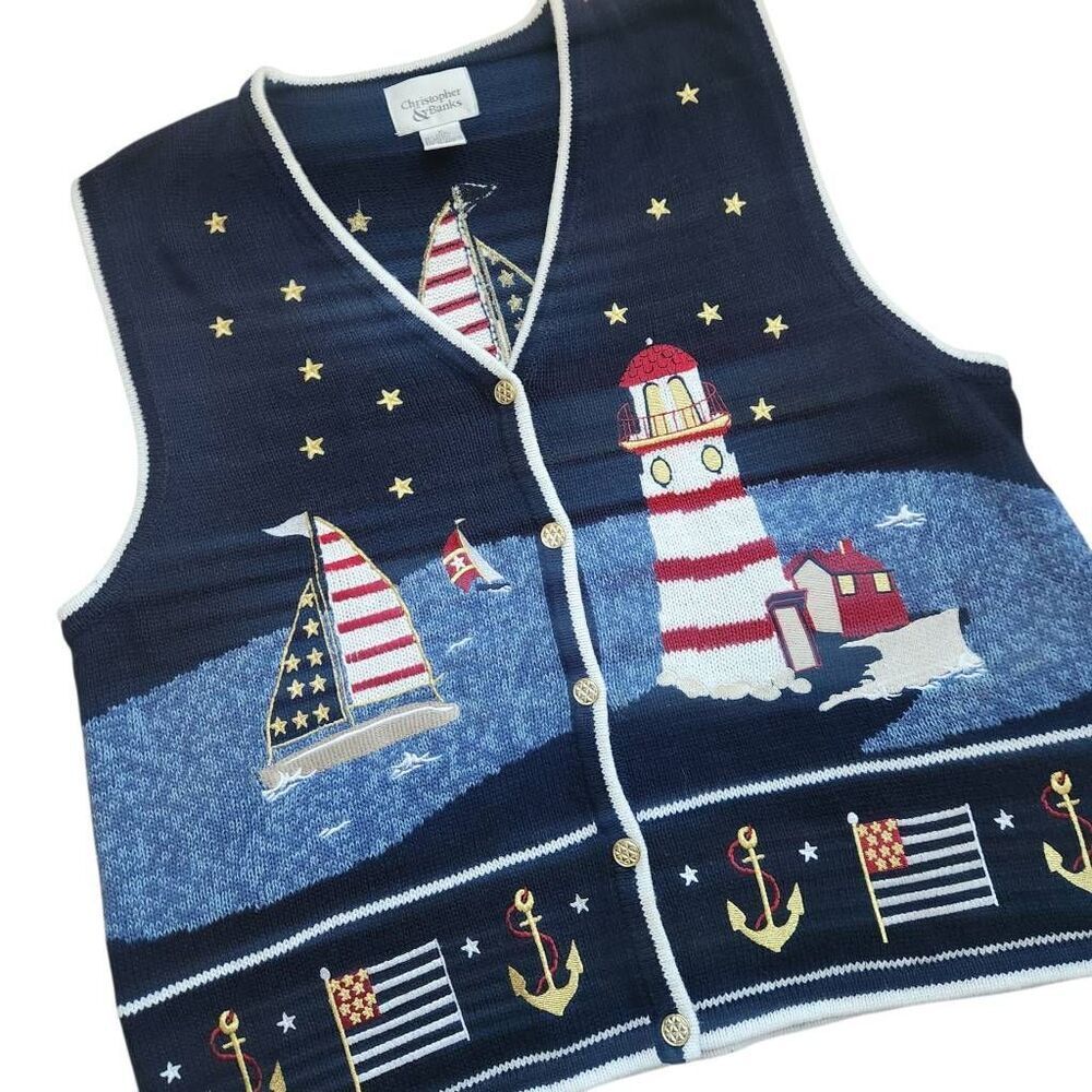 Vintage Christopher & Banks Vest XL Nautical Lighthouse Anchor Flag Sweater Patr
